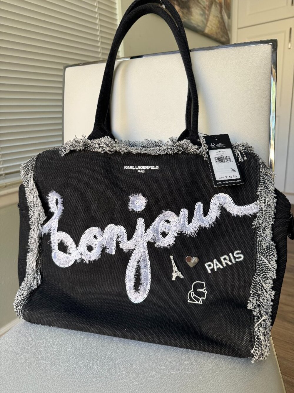 Karl Lagerfeld Paris Margot Bonjour Paris Canvas Fringe Tote Bag Black
